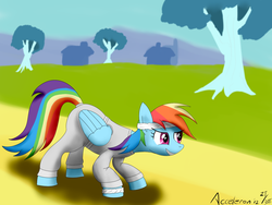 Size: 1200x900 | Tagged: safe, artist:acceleron, rainbow dash, g4, clothes, folded wings, full body, side view, solo, sweatband, wings