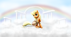 Size: 3558x1860 | Tagged: safe, artist:drake, applejack, pony, g4, clothes, cloud, column, dress, earth pony on cloud, female, looking at you, on a cloud, pretty, rainbow, raised hoof, see-through, see-through dress, sitting, smiling, solo