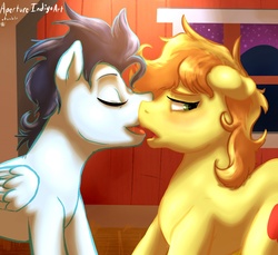 Size: 1280x1170 | Tagged: safe, artist:hoodoo, braeburn, soarin', pegasus, pony, g4, blushing, gay, kissing, male, messy mane, ship:soarburn, shipping, stallion