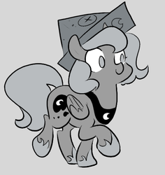 Size: 473x501 | Tagged: safe, artist:egophiliac, princess luna, alicorn, pony, g4, cartographer's cap, female, filly, gray background, grayscale, hat, monochrome, paper hat, simple background, solo, woona, younger