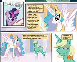 Size: 539x433 | Tagged: safe, artist:thom zahler, idw, official comic, jade singer, princess celestia, summer mane, twilight sparkle, alicorn, unicorn, g4, micro-series #1, my little pony micro-series, spoiler:comic, bandage, female, friendship report, glasses, horn, magic, mare, quill, telekinesis, the end