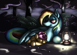 Size: 2899x2096 | Tagged: safe, artist:saliantsunbreeze, rainbow dash, scootaloo, g4, camping, cute, lamp, outdoors, scootalove