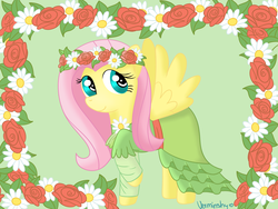 Size: 2000x1500 | Tagged: safe, artist:verminshy, fluttershy, pony, g4, cute, dress, female, floral head wreath, flower, shyabetes, solo