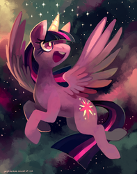 Size: 1000x1272 | Tagged: dead source, safe, artist:purplekecleon, twilight sparkle, alicorn, pony, g4, cloud, female, flying, mare, open mouth, smiling, solo, space, starry night, stars, twilight sparkle (alicorn)