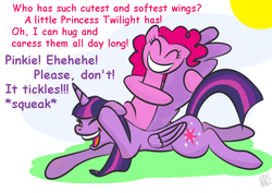 Size: 674x478 | Tagged: safe, artist:rgevskiy, pinkie pie, twilight sparkle, alicorn, pony, g4, comic sans, tickling, ticklish wings, twilight sparkle (alicorn), wings