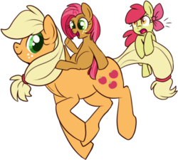 Size: 408x368 | Tagged: safe, artist:lulubell, apple bloom, applejack, babs seed, g4, ponies riding ponies, riding, simple background, transparent background