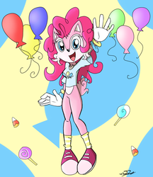 Size: 1920x2220 | Tagged: safe, artist:cresentbladedbrony, pinkie pie, anthro, plantigrade anthro, g4, balloon, clothes, female, solo, sonic the hedgehog (series), sonicified, species swap, style emulation