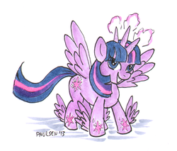 Size: 500x425 | Tagged: safe, artist:chrispco, twilight sparkle, alicorn, pony, g4, female, hana hana no mi, horn, magic, mare, multiple horns, multiple wings, omnicorn, this isn't even my final form, twilight sparkle (alicorn), what has science done, wings