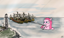 Size: 2000x1200 | Tagged: safe, artist:jberg18, pinkie pie, pony, g4, female, giant earth pony, giant pony, giant/macro earth pony, gritted teeth, gulliver's travels, lighthouse, looking back, macro, mouth hold, ocean, pinkamena diane pie, ship, solo