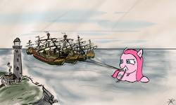 Size: 2000x1200 | Tagged: safe, artist:jberg18, pinkie pie, earth pony, pony, g4, female, giant earth pony, giant pony, giant/macro earth pony, gritted teeth, gulliver's travels, lighthouse, looking back, macro, mouth hold, ocean, pinkamena diane pie, ship, solo