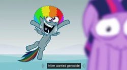Size: 848x472 | Tagged: safe, artist:hotdiggedydemon, edit, rainbow dash, twilight sparkle, pegasus, pony, .mov, swag.mov, g4, captain obvious, female, mare, nipples, nudity, youtube caption