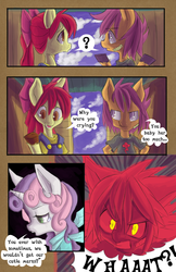 Size: 792x1224 | Tagged: safe, artist:fauxsquared, apple bloom, scootaloo, sweetie belle, earth pony, anthro, unguligrade anthro, g4, arm hooves, bipedal, clothes, comic, crying, cutie mark crusaders, hooves, rageface, the cutie dilemma, unshorn fetlocks