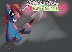 Size: 1000x727 | Tagged: safe, artist:whatsapokemon, oc, oc only, earth pony, pony, shovel, solo, spades