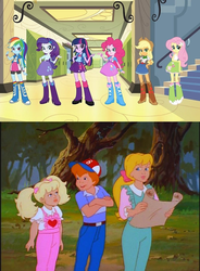 Size: 635x862 | Tagged: safe, edit, edited screencap, screencap, applejack, danny williams, fluttershy, megan williams, molly williams, pinkie pie, rainbow dash, rarity, twilight sparkle, human, equestria girls, g1, g4, my little pony equestria girls, 30th anniversary, crossover, eqg promo pose set, generation leap, hilarious in hindsight, line-up, make it happen, siblings, speculation, twoiloight spahkle, williams siblings