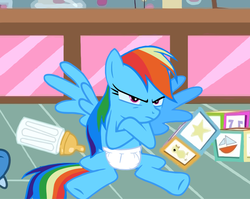 Size: 848x675 | Tagged: dead source, source needed, safe, edit, rainbow dash, pegasus, pony, g4, adult foal, angry, baby bottle, blocks, bottle, crossed hooves, diaper, diapered, female, non-baby in diaper, pouting, rainbow dash is not amused, solo, spread wings, unamused, wings