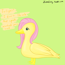 Size: 1280x1280 | Tagged: safe, artist:zeneffy, fluttershy, bird, duck, g4, 30 minute art challenge, female, flutterduck, green background, lime background, simple background, solo, species swap, transformed