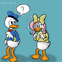 Size: 1000x1000 | Tagged: safe, artist:thekuto, fluttershy, duck, anthro, g4, 30 minute art challenge, blue background, bow, crossover, disney, donald duck, ducktales, duo, female, flutterduck, hair bow, male, sailor uniform, simple background, species swap