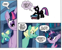 Size: 393x317 | Tagged: safe, artist:thom zahler, idw, official comic, jade singer, summer mane, twilight sparkle, g4, micro-series #1, my little pony micro-series, spoiler:comic, call me maybe, carly rae jepsen, song reference