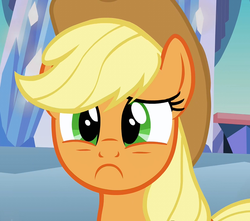 Size: 815x720 | Tagged: safe, edit, edited screencap, screencap, applejack, earth pony, pony, g4, games ponies play, :c, frown, inverted mouth, looking at you, sad, solo, unhapplejack