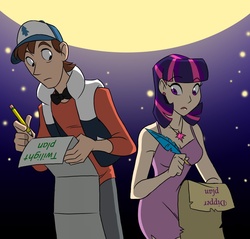 Size: 1124x1075 | Tagged: safe, artist:aeolus06, twilight sparkle, human, g4, boyfriend and girlfriend, crossover, crossover shipping, diplight, dipper pines, frown, gravity falls, having a moment, humanized, love plan, male, moon, necklace, older, pencil, quill, shipping, wide eyes, writing