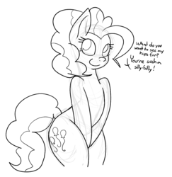 Size: 906x932 | Tagged: dead source, safe, artist:reiduran, pinkie pie, earth pony, semi-anthro, g4, dialogue, female, hips, monochrome, simple background, solo