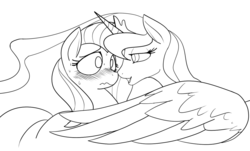 Size: 1186x714 | Tagged: safe, artist:reiduran, fluttershy, princess luna, g4, blushing, female, i am an adult, lesbian, lineart, monochrome, ship:lunashy, shipping, simple background, stranger danger, uncomfortable