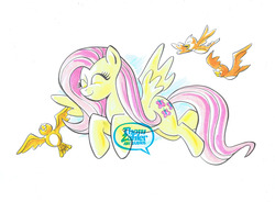 Size: 1126x830 | Tagged: safe, artist:thom zahler, fluttershy, bird, g4, closed mouth, eyes closed, flying, side view, simple background, spread wings, white background, wings