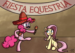 Size: 1292x926 | Tagged: safe, artist:serenamidori, fluttershy, pinkie pie, earth pony, pegasus, pony, g4, andrea libman, female, fiesta equestria, lesbian, moustache, ship:flutterpie, shipping, sombrero