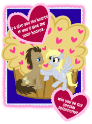 Size: 2500x3347 | Tagged: safe, artist:strangelyamy, derpy hooves, doctor whooves, time turner, pegasus, pony, g4, female, heart, male, mare, muffin, pixiv, ship:doctorderpy, shipping, straight