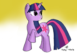 Size: 600x412 | Tagged: safe, artist:mrchopin, twilight sparkle, g4, full body, looking back, raised hoof, side view, solo, standing