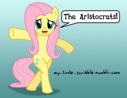 Size: 792x612 | Tagged: safe, artist:scribble, fluttershy, pegasus, pony, g4, 30 minute art challenge, female, gradient background, mare, solo, speech bubble, swapped cutie marks, the aristocrats