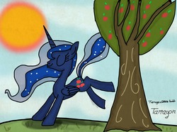 Size: 1280x953 | Tagged: safe, artist:tarragon2000, princess luna, pony, g4, 30 minute art challenge, applebucking, eyes closed, female, solo, swapped cutie marks, tree