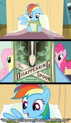 Size: 752x1295 | Tagged: safe, fluttershy, pinkie pie, rainbow dash, silver spoon, g4, book, implied murder, meme, reading rainbow, sam kean, the disappearing spoon