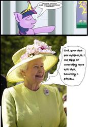 Size: 579x837 | Tagged: safe, artist:thedigodragon, twilight sparkle, alicorn, human, pony, g4, clothes, female, hat, irl, irl human, mare, photo, queen elizabeth ii, speech bubble, twilight sparkle (alicorn)