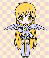 Size: 265x316 | Tagged: safe, artist:tori-kitsunechan, derpy hooves, human, g4, checkered background, chibi, crossover, female, humanized, solo, vocaloid, winged humanization