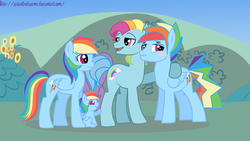 Size: 1280x720 | Tagged: dead source, safe, artist:jaquelindreamz, rainbow dash, rainbow dash (g3), oc, oc:aurora spectralis, g3, g4, blushing, female, filly, foal, male, offspring, parent:rainbow blitz, parent:rainbow dash, parents:dashblitz, parents:selfcest, product of selfcest, rainbow blitz, rainbow blitz (g3), rule 63, self ponidox, selfcest, ship:dashblitz, shipping, straight