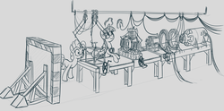 Size: 2768x1368 | Tagged: safe, artist:derkrazykraut, pinkie pie, twilight sparkle, earth pony, pony, unicorn, g4, experiment, goggles, laboratory, linear accelerator, machine, science, sketch, traditional art, unicorn twilight