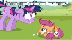 Size: 960x540 | Tagged: safe, scootaloo, twilight sparkle, pegasus, pony, g4, caption, hub logo, impact font, logo, text, the hub, wings