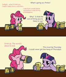 Size: 2582x3000 | Tagged: safe, artist:the-skullivan, pinkie pie, twilight sparkle, g4, arthur dent, cider, comic, ford prefect, hitchhiker's guide to the galaxy, mug