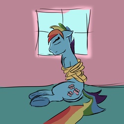 Size: 5000x5000 | Tagged: safe, artist:php37, rainbow dash, pony, g4, absurd resolution, bondage, hooves, rainbow blitz, rope, rule 63, solo, swapped cutie marks, tied up, unshorn fetlocks