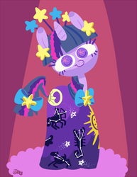 Size: 612x792 | Tagged: safe, artist:hamigaki-momo, twilight sparkle, pony, unicorn, suited for success, adorkable, clothes, constellation dress, cute, dork, dress, featured image, female, lineless, looking at you, mare, smiling, solo, spotlight, standing, starry eyes, twiabetes, unicorn twilight, wingding eyes