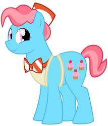 Size: 1600x1865 | Tagged: safe, artist:evilfrenzy, cup cake, earth pony, pony, g4, apron, bowtie, clothes, coffee cake, looking back, male, rule 63, simple background, solo, stallion, white background