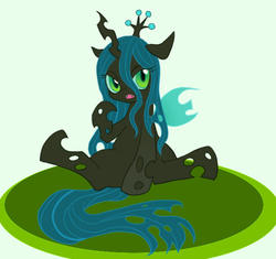 Size: 682x640 | Tagged: safe, artist:masyaharu, queen chrysalis, g4, cute, cutealis, fangs, female, frown, glare, looking at you, open mouth, sitting, solo, spread legs, spreading