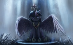 Size: 1340x834 | Tagged: safe, artist:grissaecrim, twilight sparkle, alicorn, pony, g4, crepuscular rays, dark, female, looking at you, mare, princess shoes, realistic, sitting, slit pupils, solo, spread wings, twilight sparkle (alicorn), tyrant sparkle, wallpaper, wings