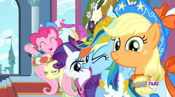 Size: 850x469 | Tagged: safe, screencap, applejack, fluttershy, pinkie pie, rainbow dash, rarity, g4, magical mystery cure, clothes, coronation dress, dress, hat, out of context, wink
