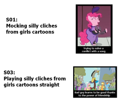 Size: 657x552 | Tagged: safe, edit, edited screencap, screencap, applejack, discord, fluttershy, pinkie pie, rainbow dash, spike, twilight sparkle, g4, keep calm and flutter on, over a barrel, season 1, season 3, comparison, meta, op is a duck, saloon dress, saloon pinkie, text