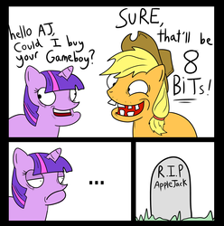 Size: 2404x2428 | Tagged: safe, artist:shyjack, applejack, twilight sparkle, g4, ..., badlydrawnmlp, comic, death, game boy, grave, pun, retarded