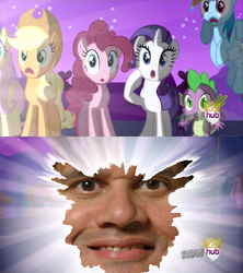 Size: 622x700 | Tagged: safe, applejack, fluttershy, pinkie pie, rainbow dash, rarity, spike, g4, magical mystery cure, my little pony: friendship is magic, alicorn flash, exploitable meme, hub logo, meme, reggie fils-aime