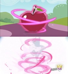 Size: 845x928 | Tagged: safe, screencap, twilight sparkle, g4, magical mystery cure, my little pony: friendship is magic, too many pinkie pies, apple, comic, food, glowing, hub logo, logo, magic, magic aura, solo, the hub, theory