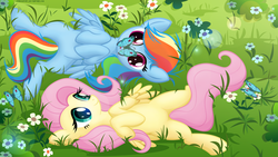 Size: 5333x3000 | Tagged: safe, artist:illuminatiums, fluttershy, rainbow dash, butterfly, pegasus, pony, g4, butterfly on nose, female, flower, insect on nose, lesbian, mare, on back, ship:flutterdash, shipping